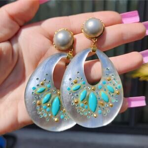 Alexis Bittar Lucite Earrings Clear Moonglow Blue Crystal Rhinestone Gold Plated
